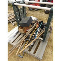 PALLET WITH GARDEN TOOLS & RACK (SHOVELS, BROOMS, SQUEEGEE, FORKS, EDGER, ETC), 2 WOOD BOXES