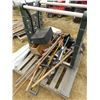 Image 1 : PALLET WITH GARDEN TOOLS & RACK (SHOVELS, BROOMS, SQUEEGEE, FORKS, EDGER, ETC), 2 WOOD BOXES