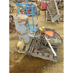 PALLET WITH BARREL DOLLY, BARREL PUMP, 2 METAL PAILS, HALOGEN WORK LITE, ETC