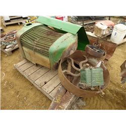 PALLET WITH JOHN DEERE PARTS & STEEL (HOOD, FRONT GRILL, STEEL WHEELS, ETC)