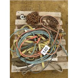 PALLET WITH SLINGS, BOOSTER CABLES, CHAINS, TIGER TORCH, ETC
