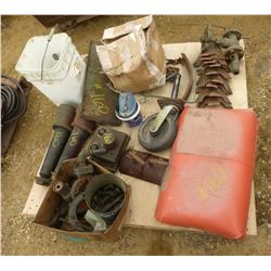 PALLET WITH BOLTS, STEEL, WHEELS, CULTIVATOR SHOVELS, TRACTOR SEAT, SPRINGS, ETC