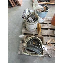 2 BOXES/2 PAILS WITH HOSE, SPRINGS, WASHERS, STEEL, NETTING, HD ELECTRONIC MOUSE REPELLER, ETC