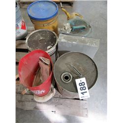 OIL JUG, 3 PAILS, CYCLONE LITTLE GIANT SEEDER, METAL BOX, ETC