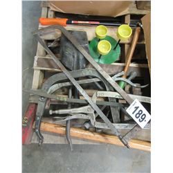 SLEDGE HAMMER, SAW CLAMPS, MAGNET, 4 WAY WRENCH, ETC