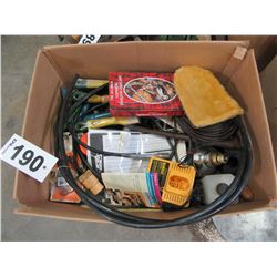 BOX WITH PAINT SUPPLIES, CABLE, WIRE BRUSHES, CAULKING GUNS, DEWALT BATTERY CHARGER, ETC
