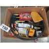 Image 1 : BOX WITH PAINT SUPPLIES, CABLE, WIRE BRUSHES, CAULKING GUNS, DEWALT BATTERY CHARGER, ETC