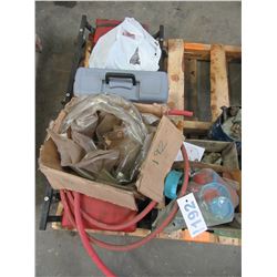 3 BOXES WITH MECHANICS DOLLY, HOSE, TOOLBOX, GASKETS, WRENCHES, ETC