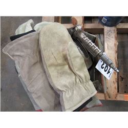 BOX WITH GLOVES, STAPLER, GARBAGE BAGS, AIR SPRAYER, ETC