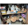 Image 1 : CONTENTS OF 2 SHELVES INCLUDING BRAKE FLUID, DEGREASER, FUNNELS, SAND PAPER, ETC