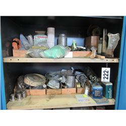 CONTENTS OF CABINET (WIRE BRUSHES, COPPER PIPE, GREASE NIPPLES, WASHERS, ETC)