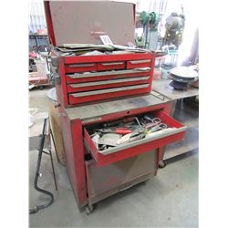 2 PIECE ROLLING TOOLBOX & CONTENTS (BITS, TAPE MEASURES, CALPERS, ETC)