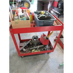 2 TIER RED ROLLING SHOP CART & CONTENTS (CAULKING, PULLEYS, GERRY CAN, ETC)