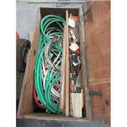 GREY WOOD STORAGE BOX & CONTENTS (HOSES, ROPE, STRIKERS, ETC)