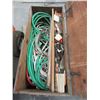 Image 1 : GREY WOOD STORAGE BOX & CONTENTS (HOSES, ROPE, STRIKERS, ETC)