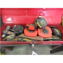 MASTERCRAFT RED TOOLBOX WITH TAPE MEASRUES, HAMMERS, WRENCHES, CLAMPS, ETC