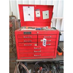 GRAY RED TOOLBOX & CONTENTS (SOCKETS, PUNCHES, TAPE, PLIERS, ETC)