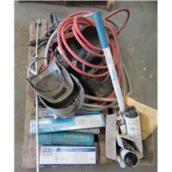 PALLET WITH WELDING HELMETS, WELDING ROD, HOSE, ETC