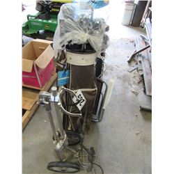 WATER COOLER, GOLF BAG, CLUBS, CART, & LAWN CHAIR