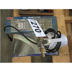 2 BOXES WITH TAPPING SCREWS, TAP & DIE SETS, HEAT LAMP, ETC