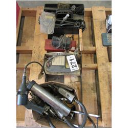 4 BOXES WITH GREASE GUN, AIR RATCHETS, FENCER, ETC