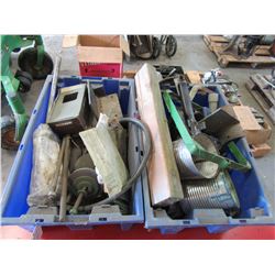 2 BLUE BINS & CONTENTS (SCRAP STEEL, RECHARGABLE FLASH LIGHT, HARDWARE, ETC)