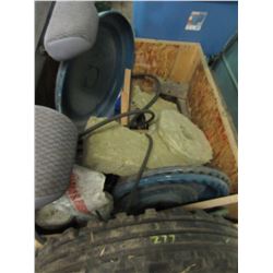 WOOD CRATE WITH FOAM, STEEL, HUB CAPS, GREY VAN SEAT, ETC