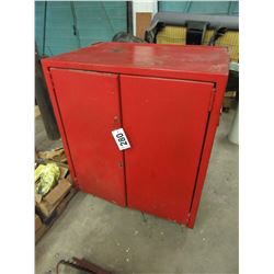 2 DOOR RED METAL ROLLING CABINET & CONTENTS (ELECTRIC MOTOR, PAINT, PARTS, AIR GUN, ETC)