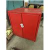 Image 1 : 2 DOOR RED METAL ROLLING CABINET & CONTENTS (ELECTRIC MOTOR, PAINT, PARTS, AIR GUN, ETC)