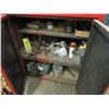 Image 2 : 2 DOOR RED METAL ROLLING CABINET & CONTENTS (ELECTRIC MOTOR, PAINT, PARTS, AIR GUN, ETC)