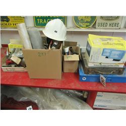 7 BOXES WITH HALOGEN LIGHT, DEWALT CASE, HARDWARE, HEATER, PULLEYS, HARDHAT, PRESSURE GAUGE, ETC