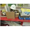 Image 1 : 7 BOXES WITH HALOGEN LIGHT, DEWALT CASE, HARDWARE, HEATER, PULLEYS, HARDHAT, PRESSURE GAUGE, ETC