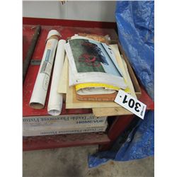 BOX WITH TRACTOR DECALS, MANUALS, STICKERS, ETC