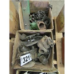 3 BOXES WITH GLASS OILERS, EAR MUFF, JOHN DEERE PARTS, DECALS, JOHN DEERE SEALS, ETC