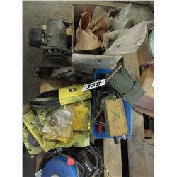 3 BOXES WITH RAT TRAPS, PAINTING SUPPLIES, JD O-RINGS, BELTS, PLANE, MOTOR, STOCK TANK HEATER, ETC