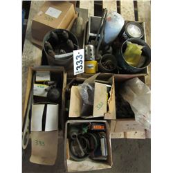 6 BOXES WITH EYE SHIELDS, BRAKE PADS, FILTERS, HARDWARE, OILER, JOHN DEERE PARTS, ETC