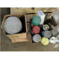 5 BOXES WITH HARDWARE, GREASE, CAULKING, SEALANT, ETC