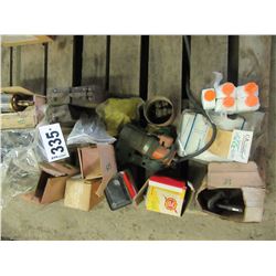 APPROX. 5 BOXES WITH OIL, BATTERIES, CARBURATOR PARTS, 2 STROKE ENGINE OIL, OILERS, ETC