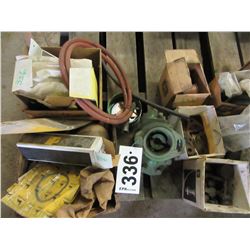 8 BOXES WITH HOSE, SPARK PLUGS, HARDWARE, PARTS, LITE BULBS, JD PISTON, COMPRESSION RINGS, ETC