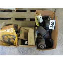 4 BOXES WITH JD PARTS, RUBBER RINGS, FILTERS, BRASS COUPLER, CARB PARTS, GASKETS, ETC