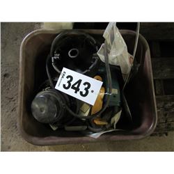 5 BOXES WITH BATTERY CHARGER, CASTORS, GRINDING WHEEL, DRILL, ICE FISHING SUPPLIES, ETC