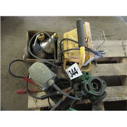 3 BOXES WITH HALOGEN WORK LITE, PALM SANDER, JD PARTS, POINTS STEEL, BRAKE PARTS, GAUGES, ETC