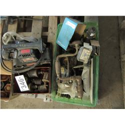 6 BOXES WITH BELT SANDER, OILERS, BOLTS, NUTS, SHACKLE, BIT & BRACE, WIRE WHLS, HINGES, ETC