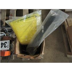 2 BOXES WITH GRATING, LEVELS, WIRE WHEEL, 4 WAY WRENCH, CHAIN, GAUGES, TIN MAN'S HAT, ETC