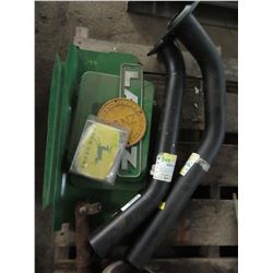 PILE OF HEAD LIGHTS, EXHAUST PIPES, STEEL SIDE PIECES, LANZ SIGNS, JD PARTS, GEARS, JD TOOLBOX, ETC