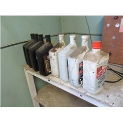17 JUGS OF ASSORTED OILS, ANTIFREEZE, ETC