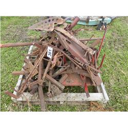 PALLET WITH STEEL TRACTOR SEATS, SHIFTERS, LINKAGE BARS, SPRINGS, CULTIVATOR SHOVELS, ETC