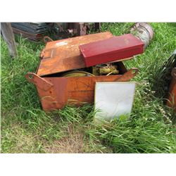 2 STEEL RED BINS C/W TRACTOR PARTS, BARREL, ETC