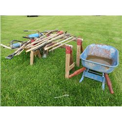 2 WHEEL BARROWS, POST HOLE AUGER, SHOVELS, BROOMS, PRY BARS, FUEL PUMPS, ETC