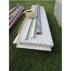 PALLET WITH OVERHEAD DOOR PANELS (5), PLYWOOD, METAL SIDING, SCREWS, ETC